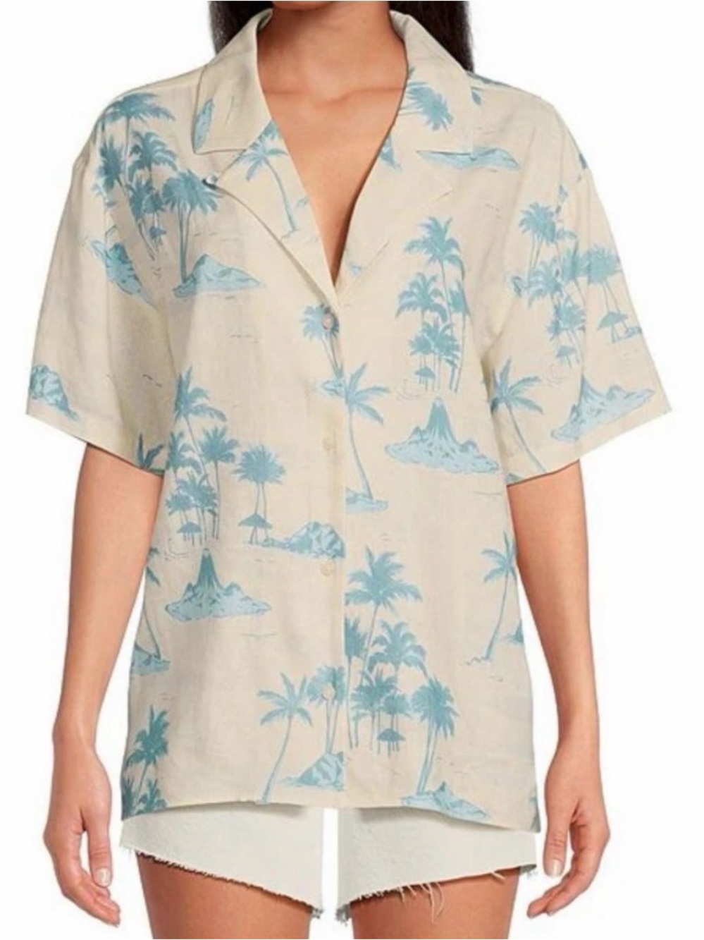 Gianni Bini Cream Button-Down Shirt with Light Blue Palm Print